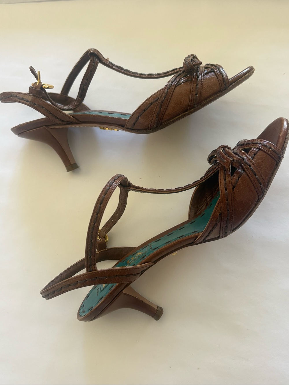 Prada Vintage Y2K Brown Leather Knot Slingback kitten Heels - Women
